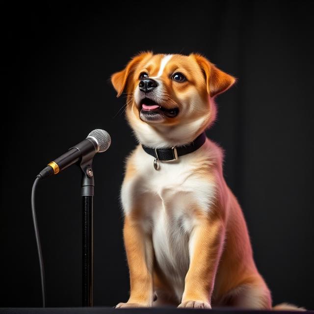 handsome puppy at a microphone