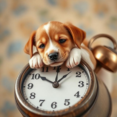 tired puppy watch a clock